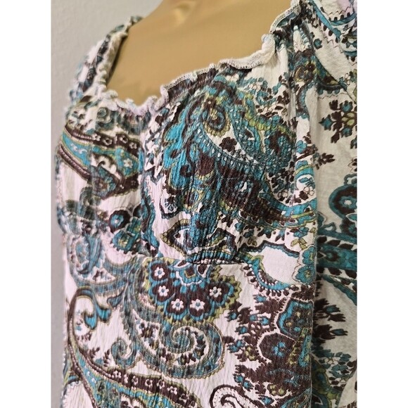 Babydoll Top Womens Lge Green Brown Paisley Y2K Boho Fairy Peasant Off Shoulder - Picture 3 of 7